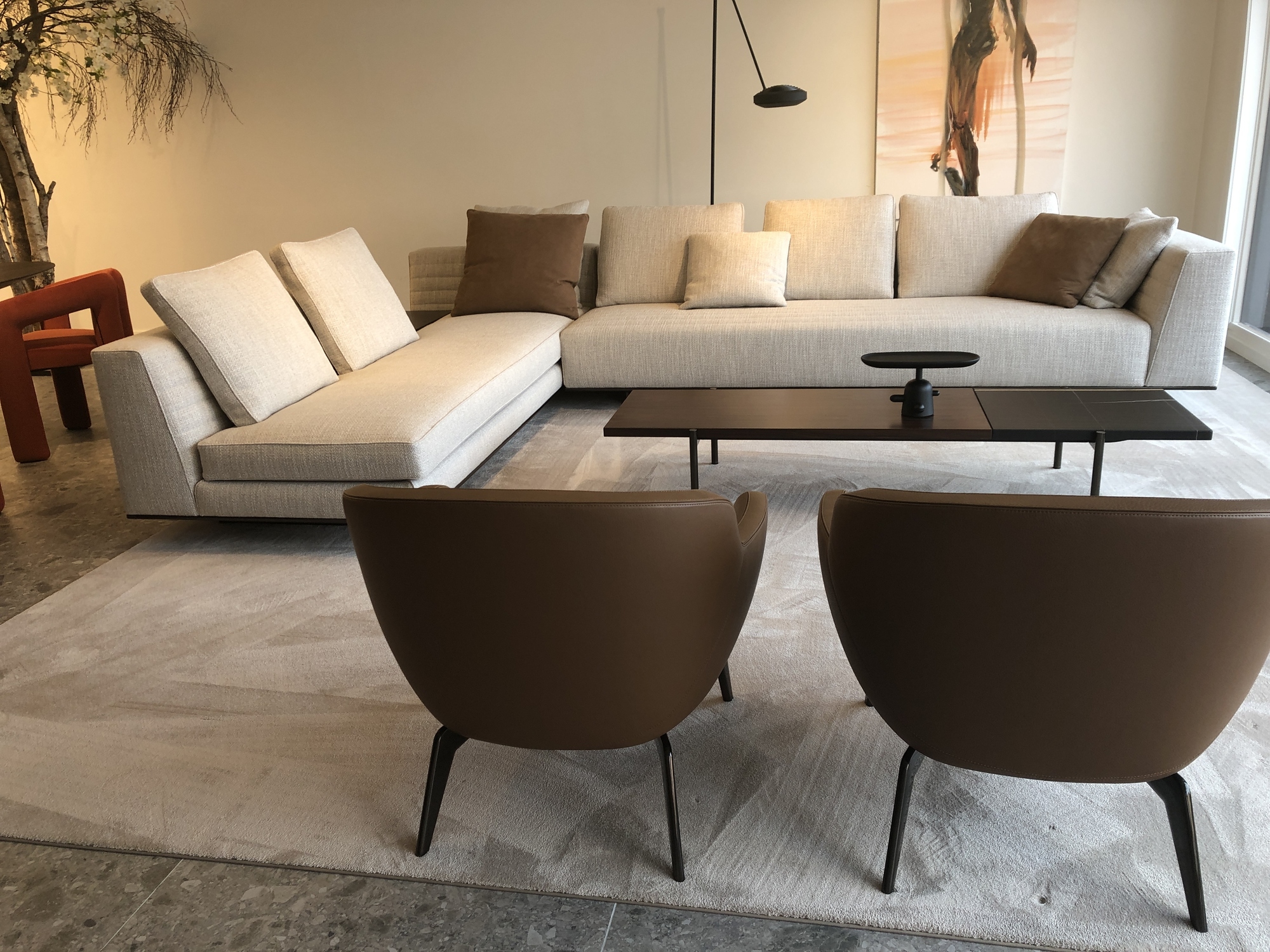 Minotti-hoeksalon Roger, inclusief salontafel en hoektafel in palisander